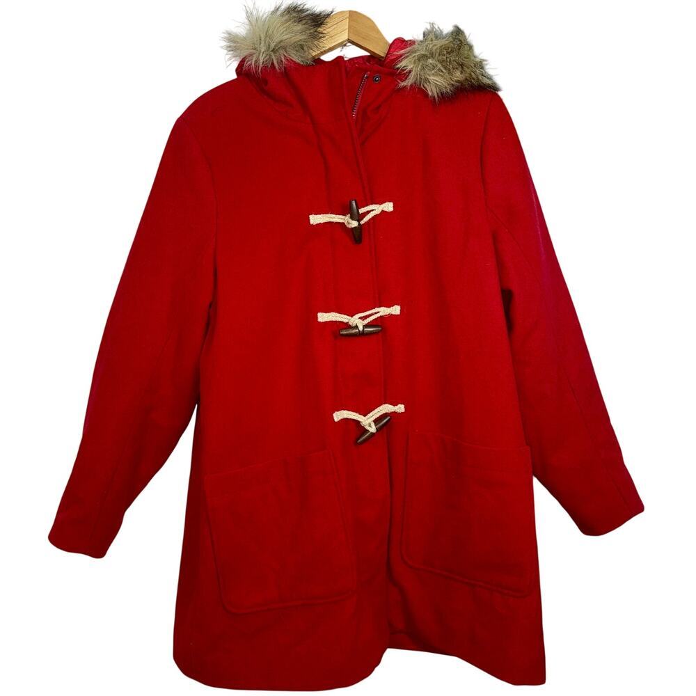Abercrombie & Fitch Red Tan Faux Fur Hooded Winter Coat Jacket Womens Size XL